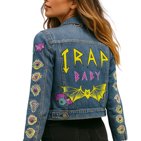 Hand Painted One-of-a-Kind Denim Jacket Medium Festival Streetwear Trap Vibes - Picture 1 of 15